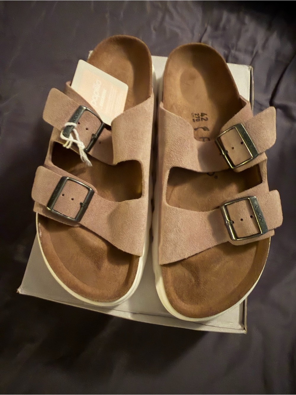 Papillio by Birkenstock Two-Buckle Suede Slide Sandals in Taupe